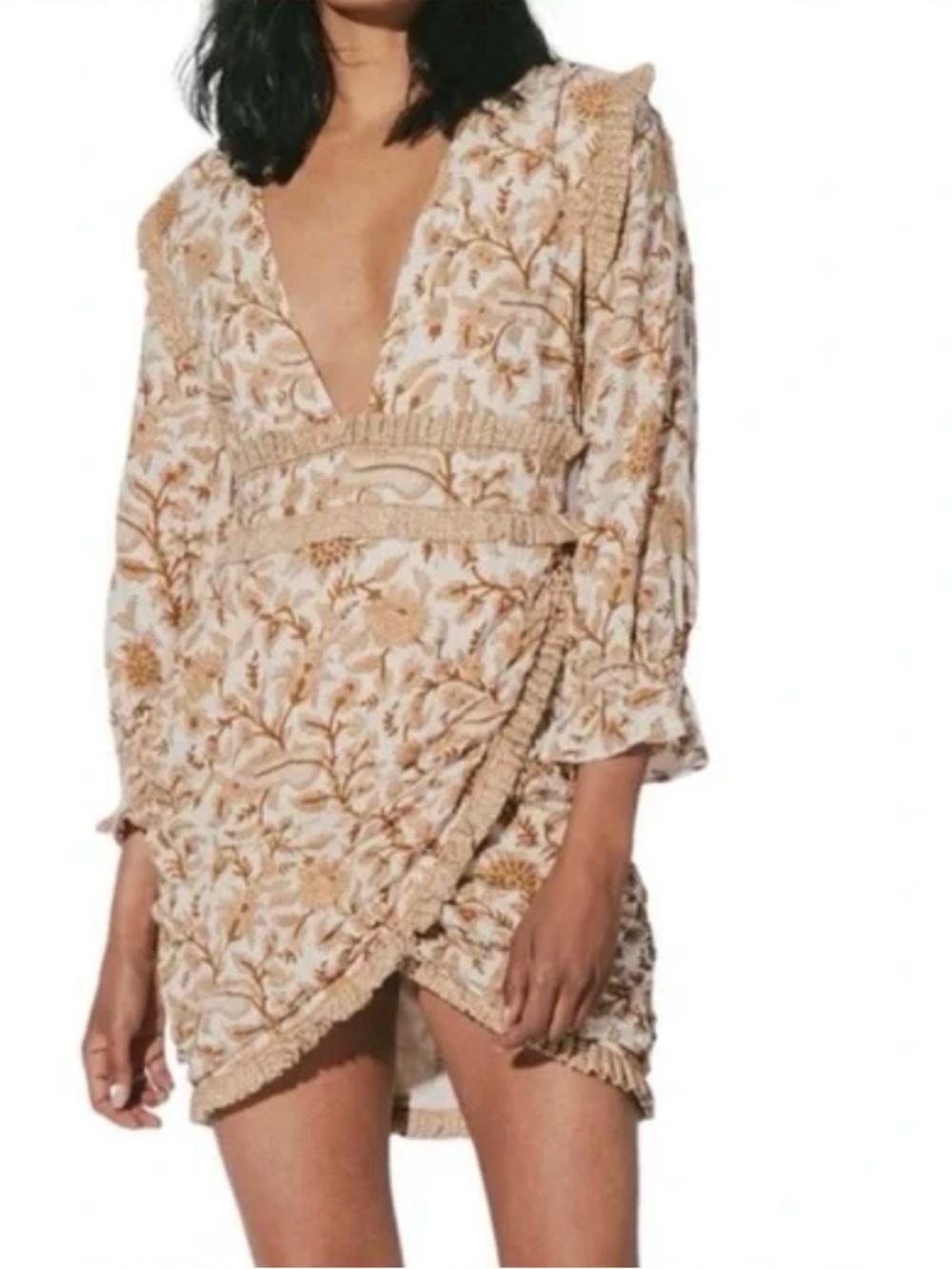 Cleobella Victoria Deep V Mini Dress Wrap Skirt in Tan and Cream sz M